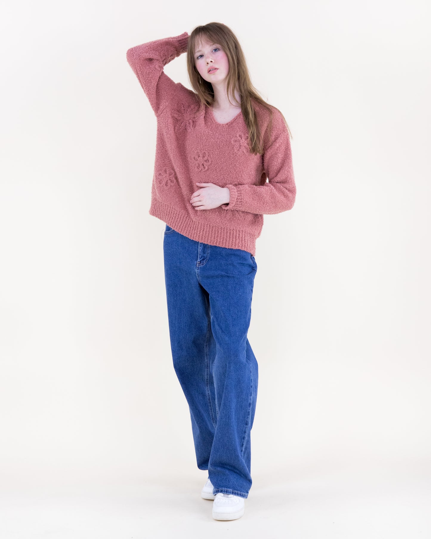 Bouclé Floral Appliqué V-Neck Sweater