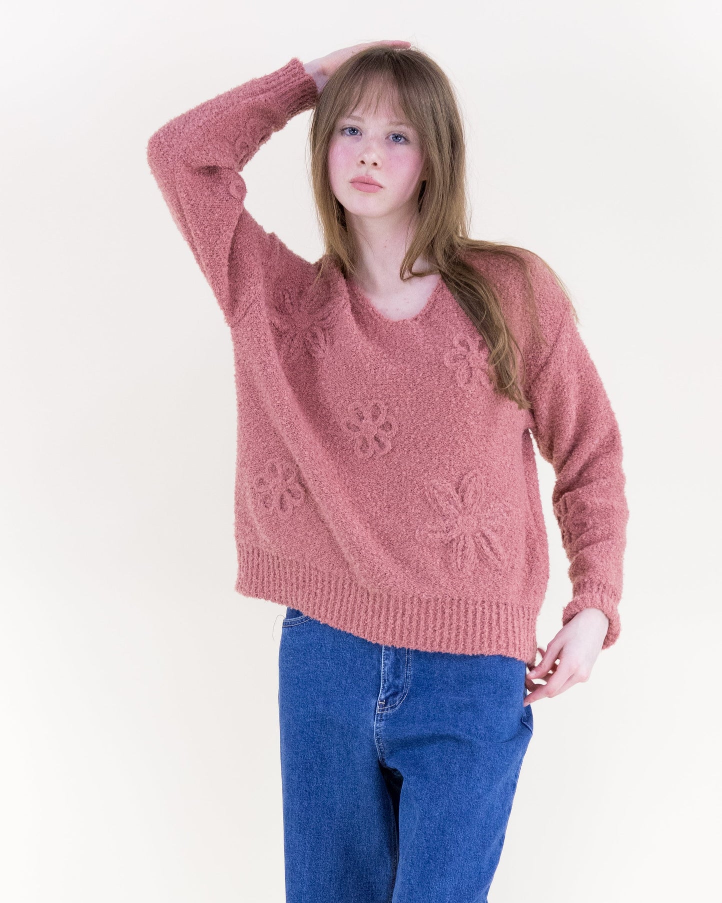 Bouclé Floral Appliqué V-Neck Sweater