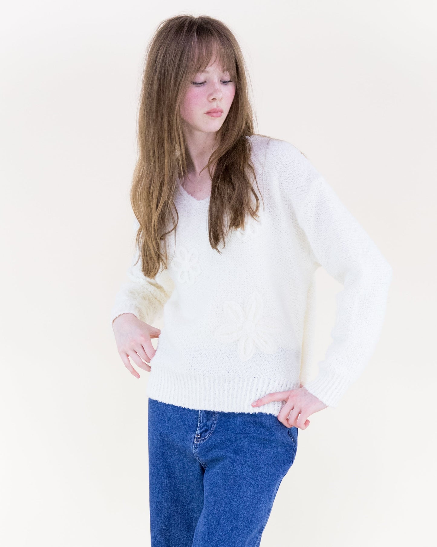 Bouclé Floral Appliqué V-Neck Sweater