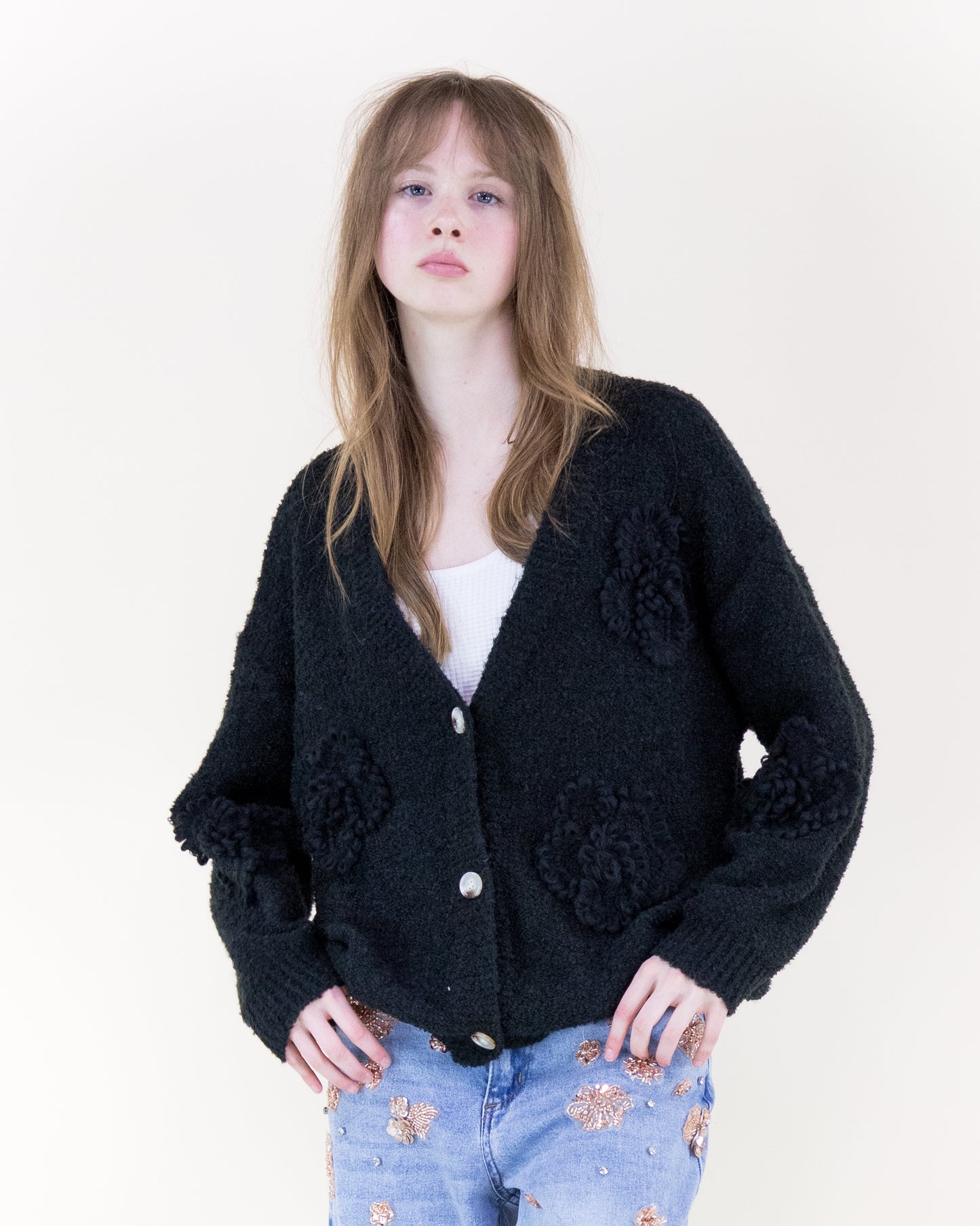 Boucle Knitted Flowers Cardigan - (S/M, L/XL)