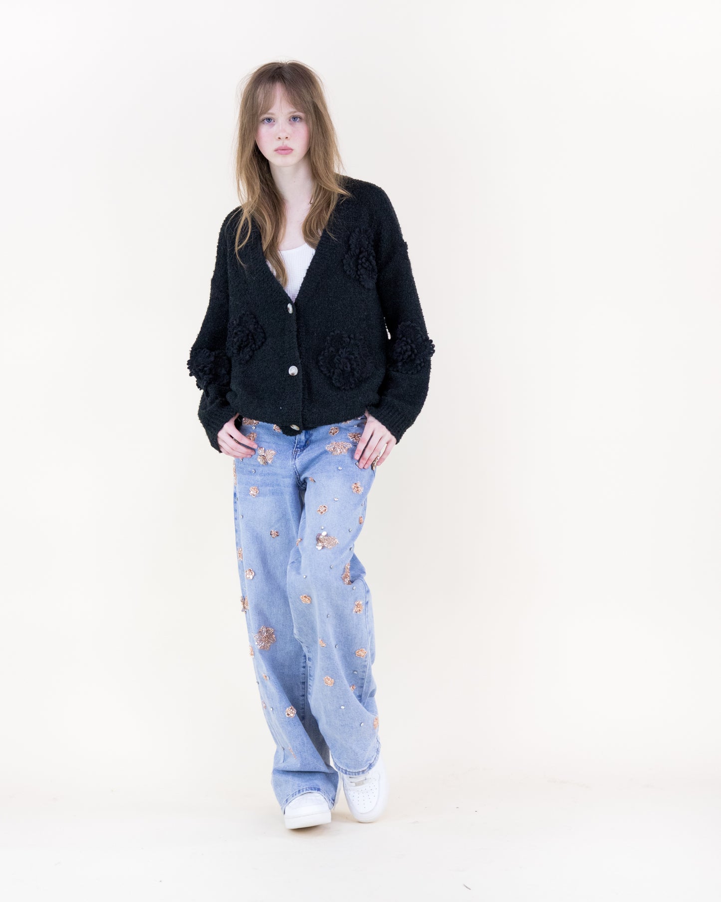Boucle Knitted Flowers Cardigan - (S/M, L/XL)
