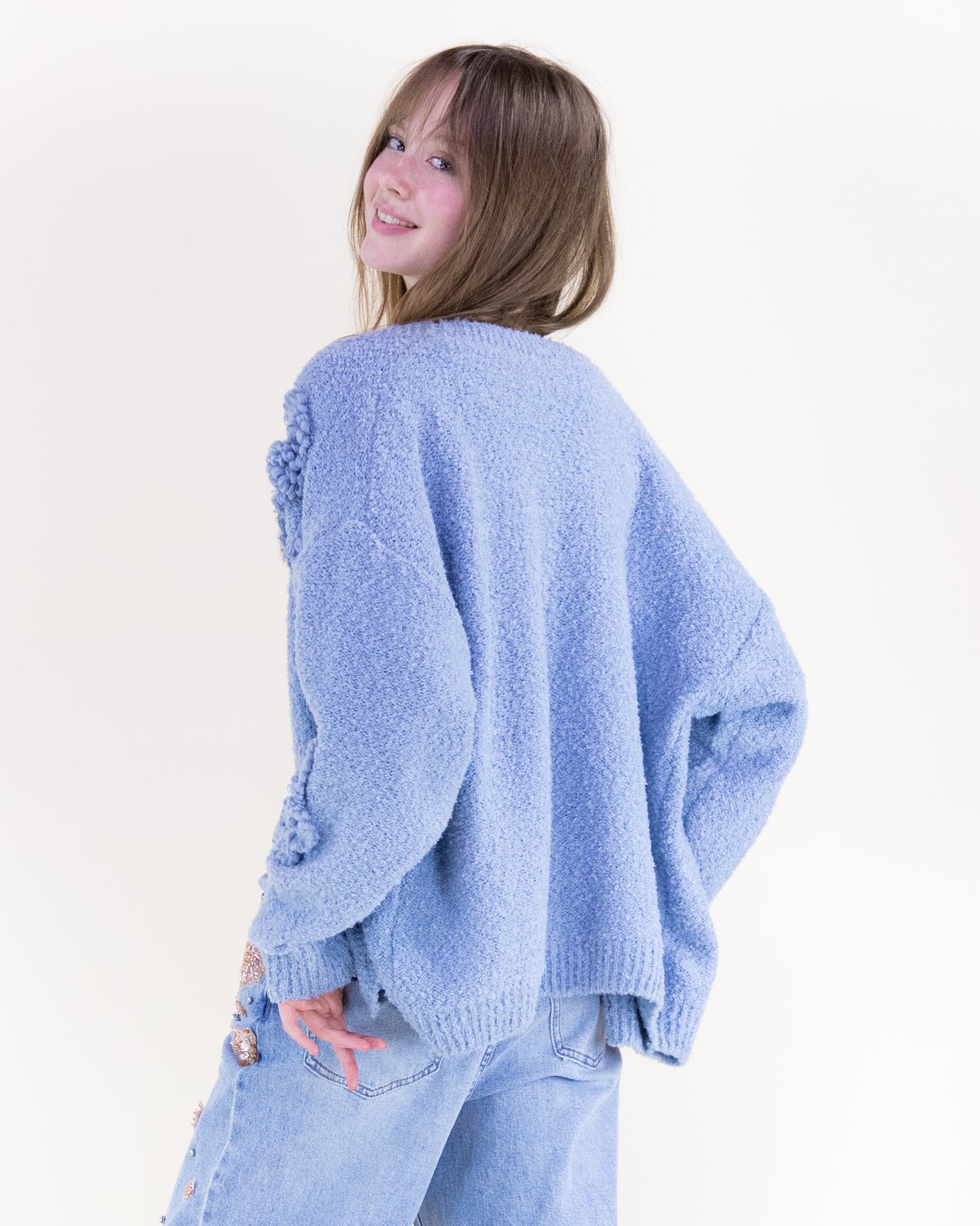 Boucle Knitted Flowers Cardigan - (S/M, L/XL)