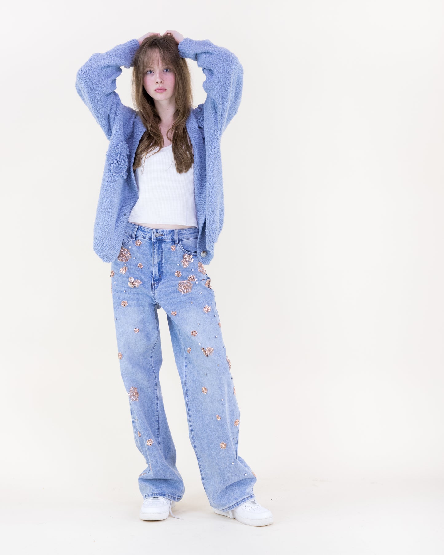 Boucle Knitted Flowers Cardigan - (S/M, L/XL)
