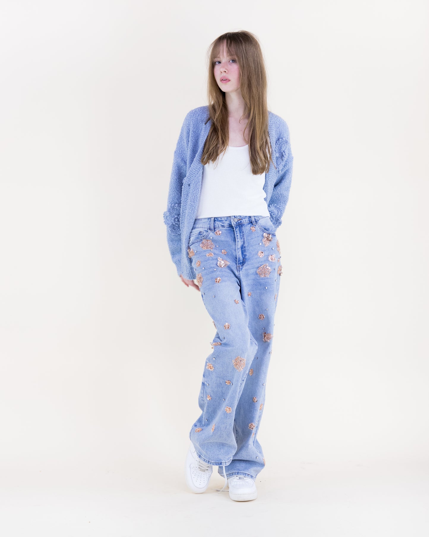 Boucle Knitted Flowers Cardigan - (S/M, L/XL)