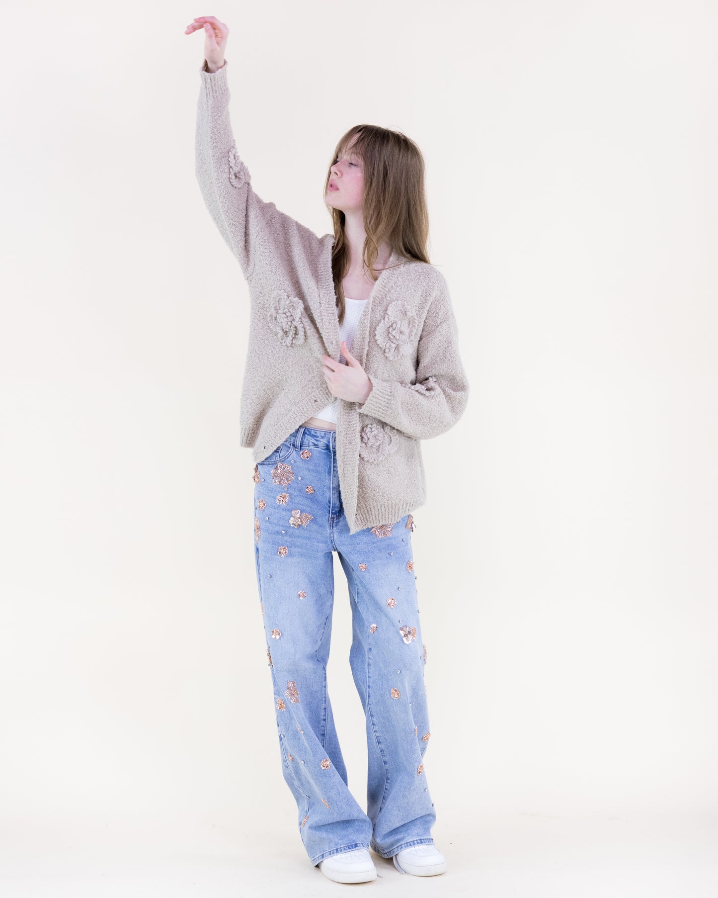 Boucle Knitted Flowers Cardigan - (S/M, L/XL)