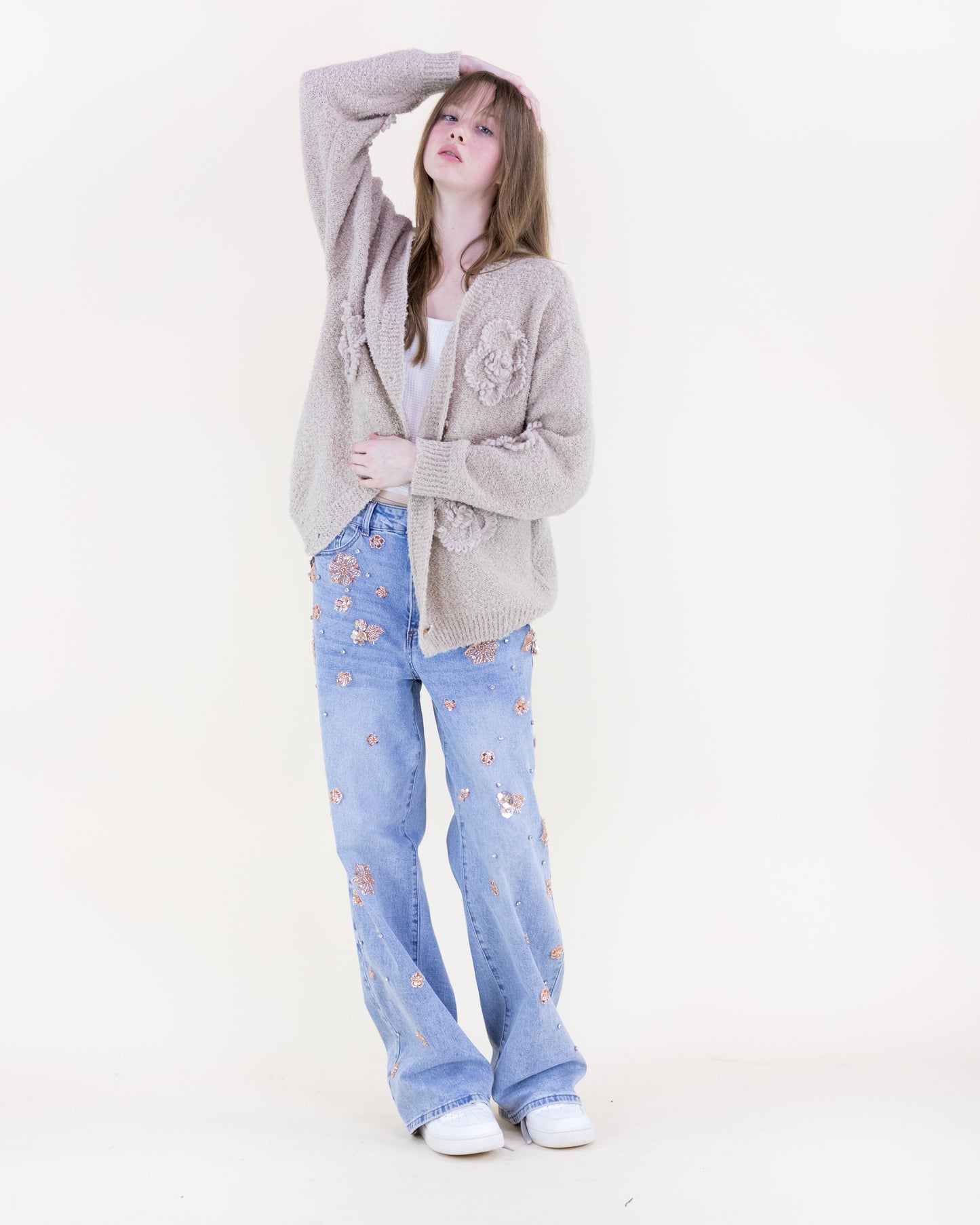 Boucle Knitted Flowers Cardigan - (S/M, L/XL)