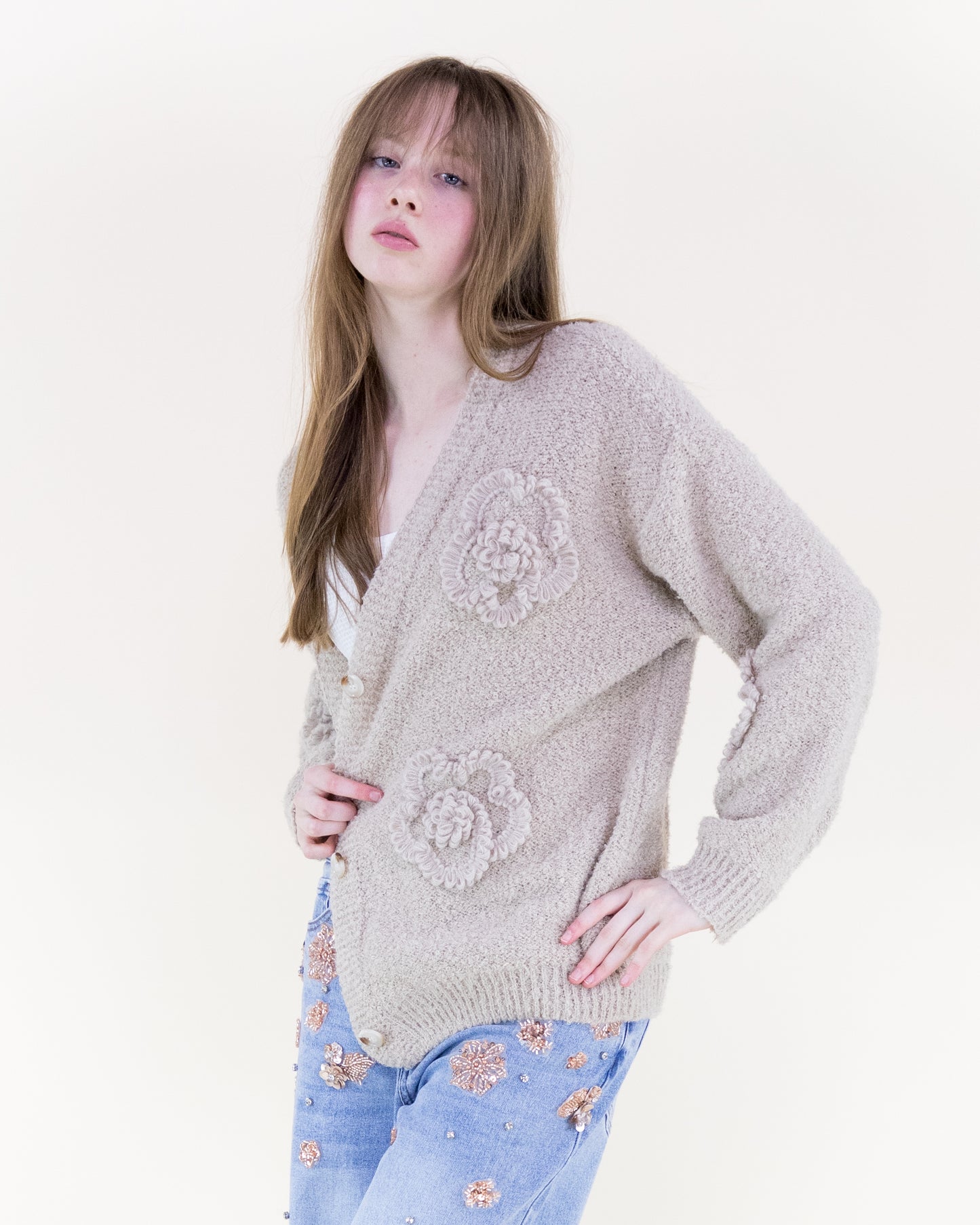 Boucle Knitted Flowers Cardigan - (S/M, L/XL)