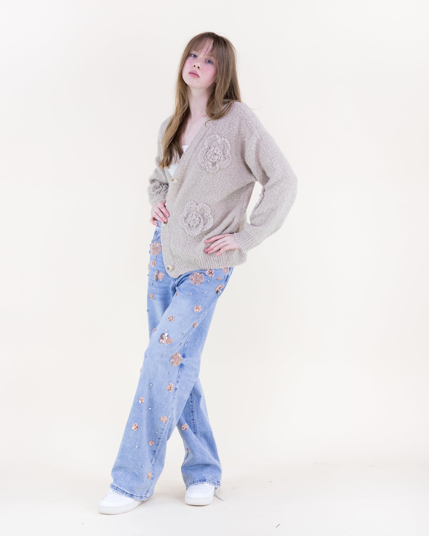 Boucle Knitted Flowers Cardigan - (S/M, L/XL)