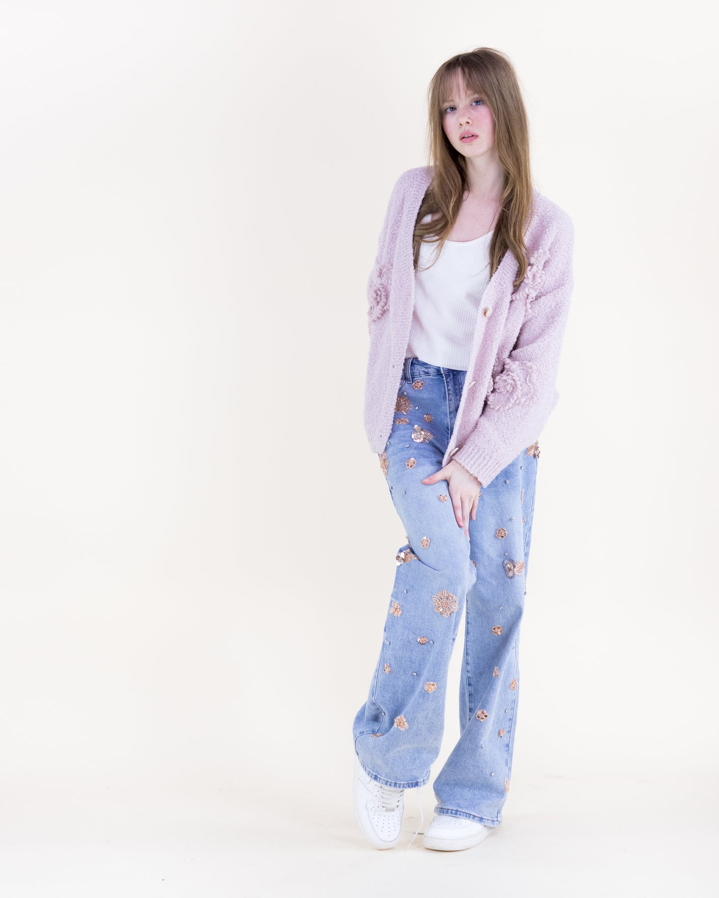 Boucle Knitted Flowers Cardigan - (S/M, L/XL)