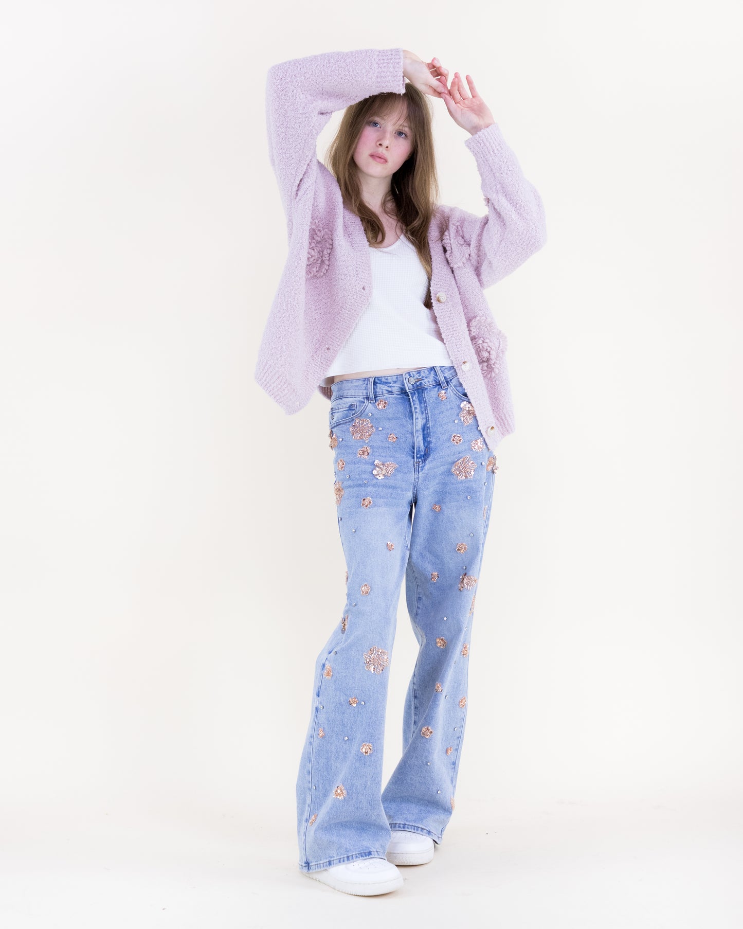 Boucle Knitted Flowers Cardigan - (S/M, L/XL)