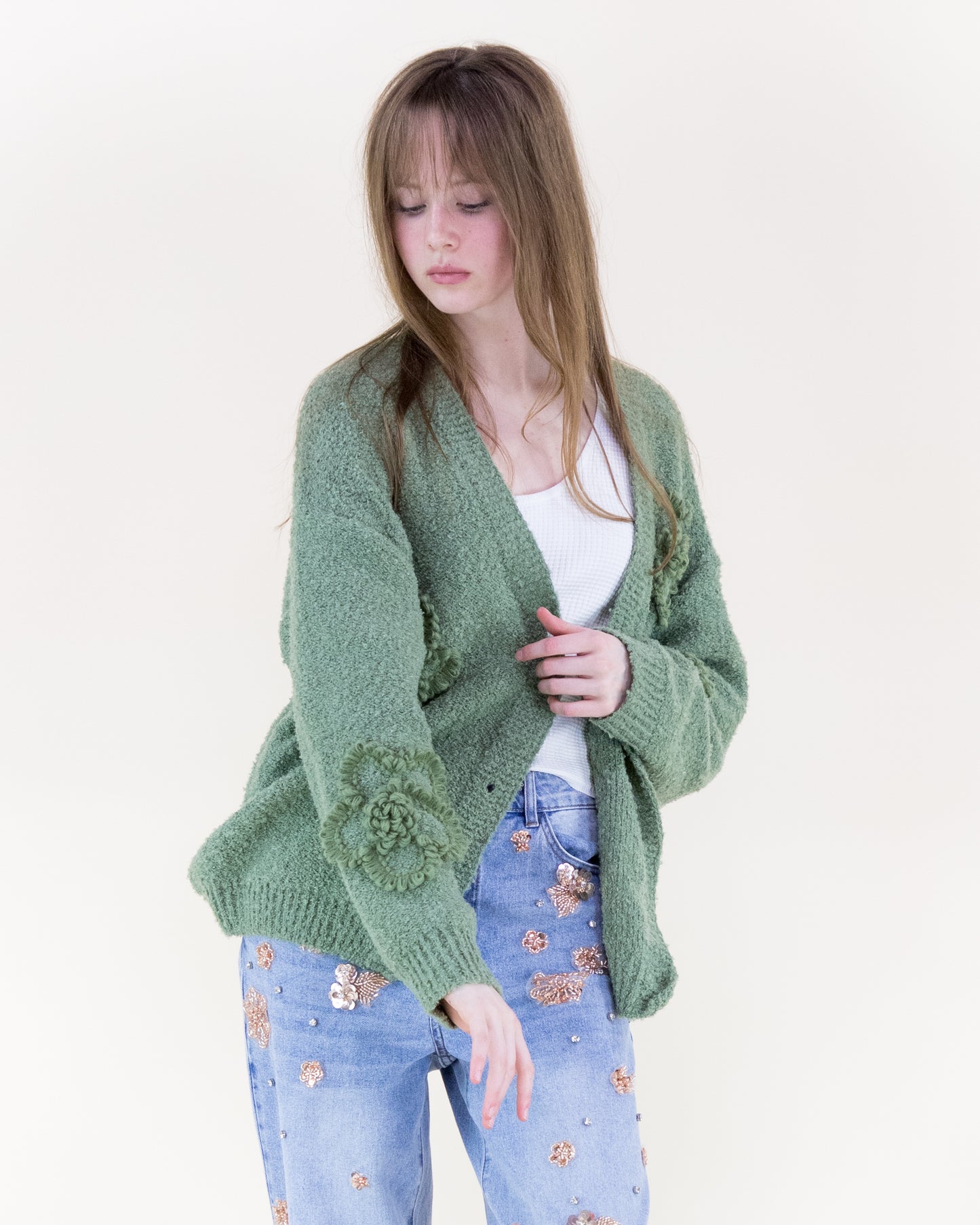 Boucle Knitted Flowers Cardigan - (S/M, L/XL)