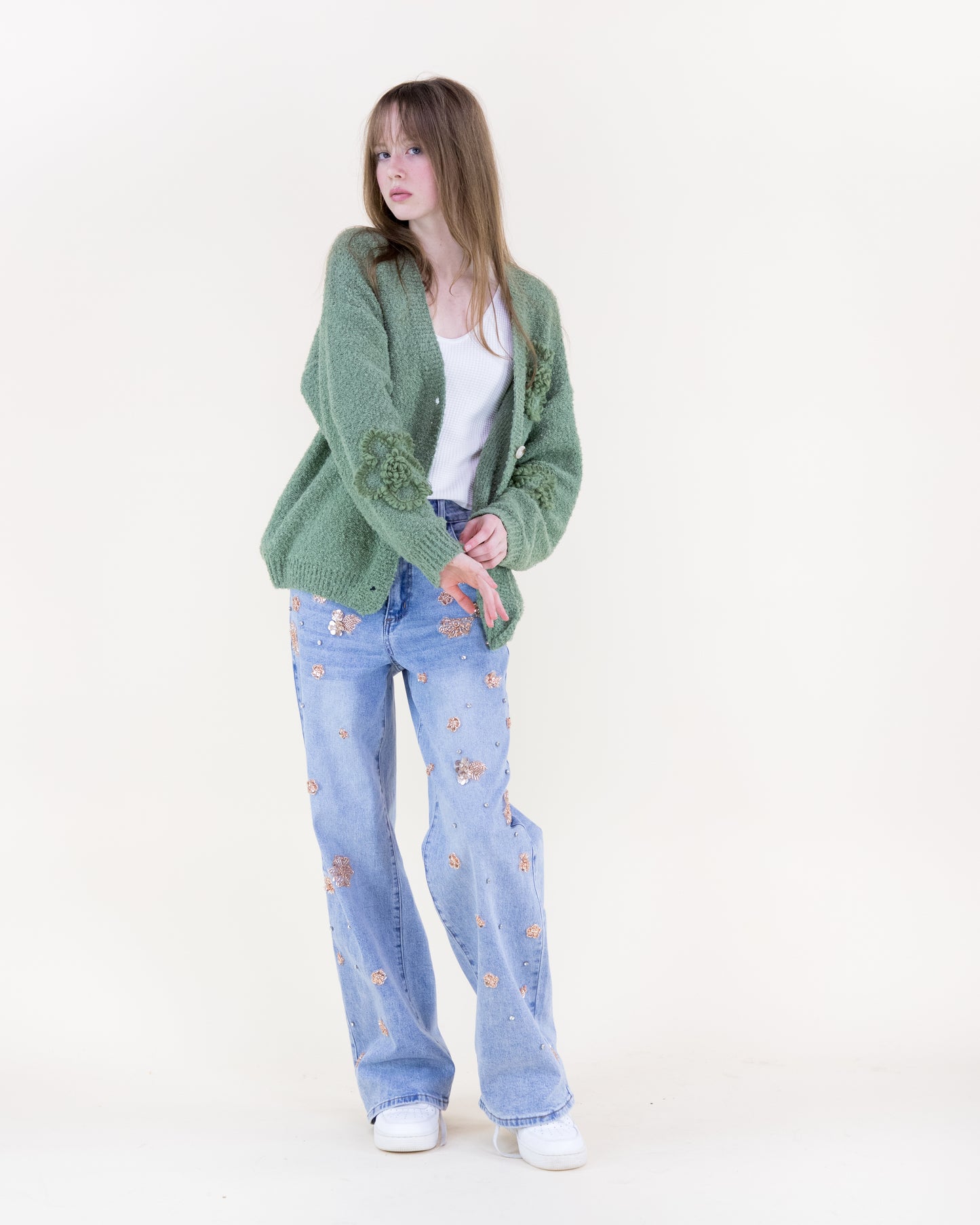 Boucle Knitted Flowers Cardigan - (S/M, L/XL)