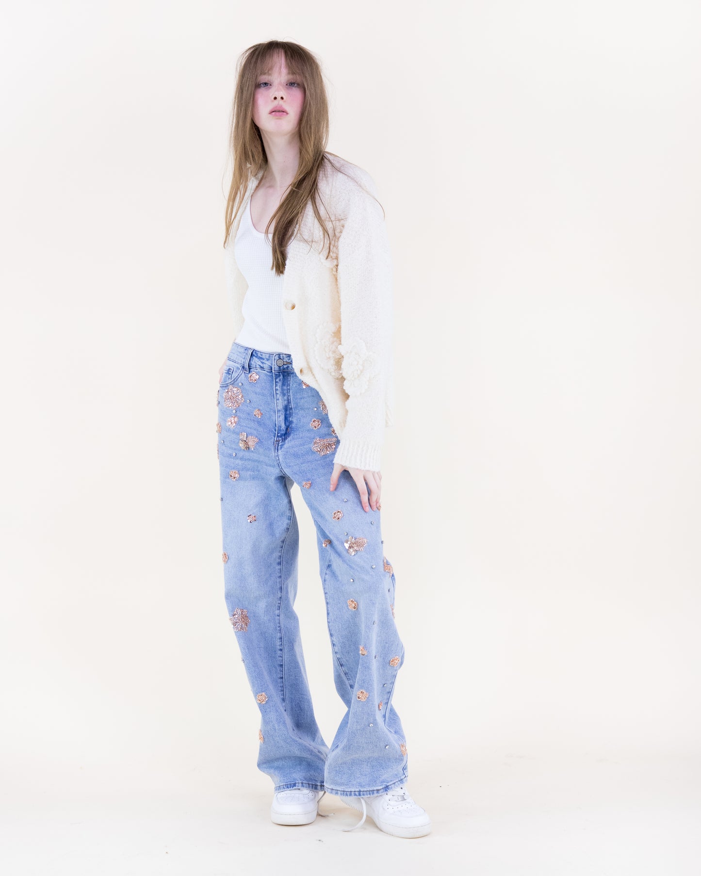 Boucle Knitted Flowers Cardigan - (S/M, L/XL)