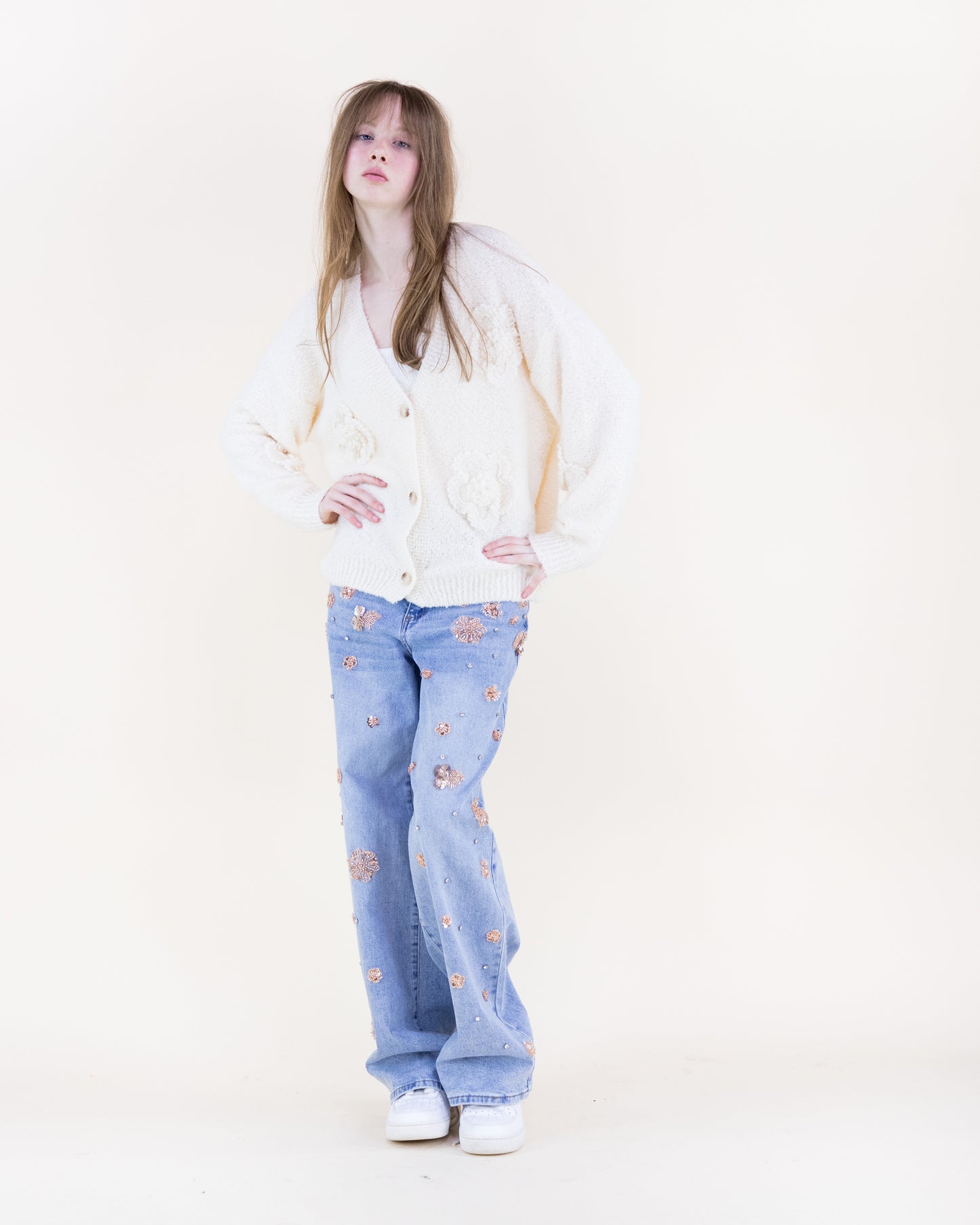 Boucle Knitted Flowers Cardigan - (S/M, L/XL)