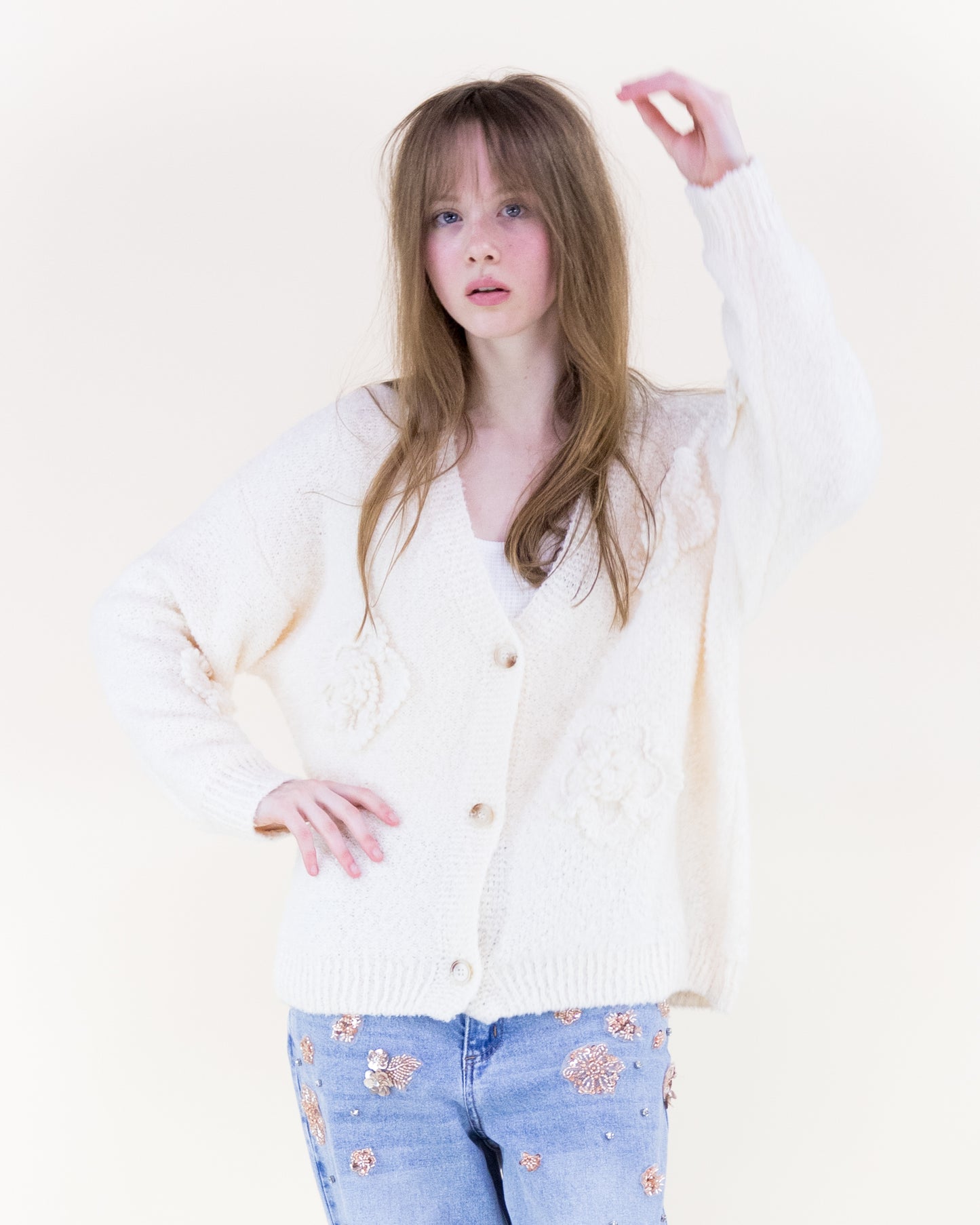 Boucle Knitted Flowers Cardigan - (S/M, L/XL)