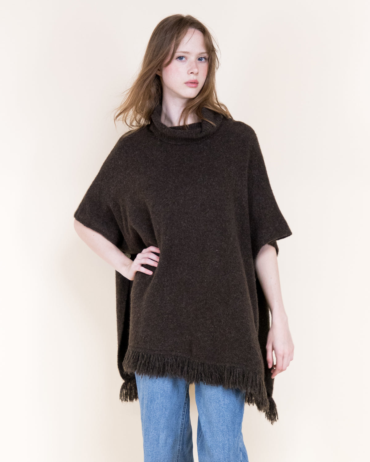 Nordic Turtle Neck Wool Blend Fringe Poncho