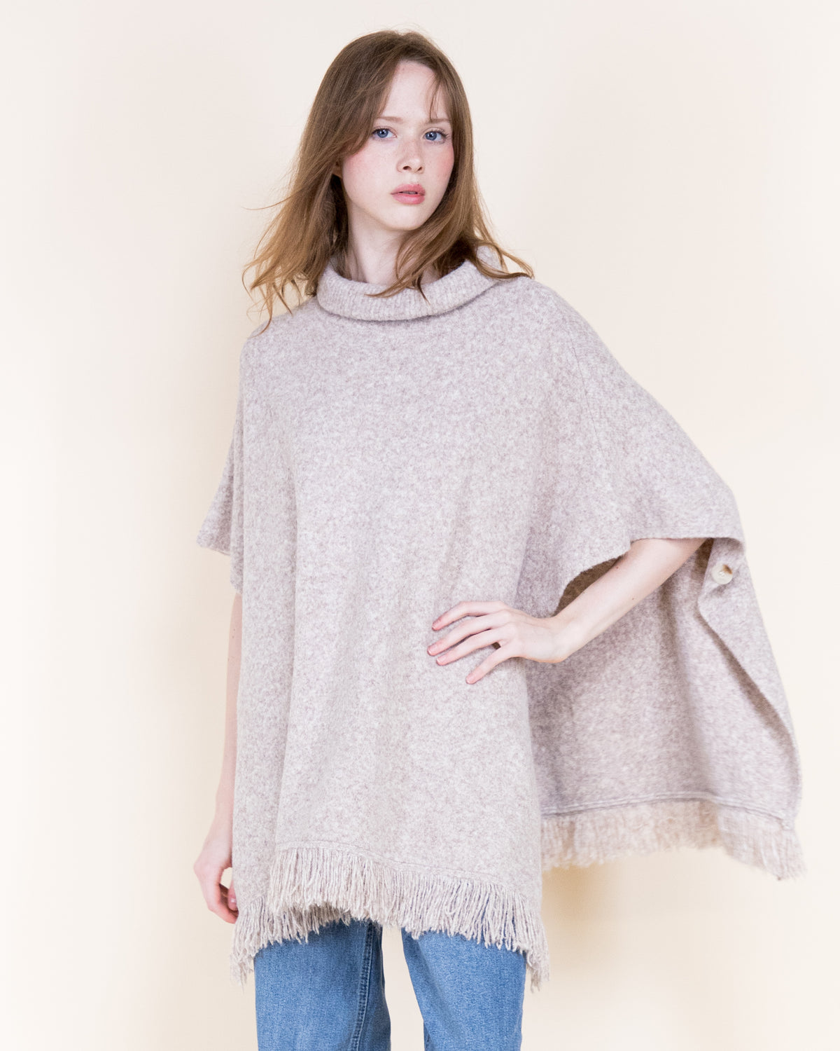 Nordic Turtle Neck Wool Blend Fringe Poncho