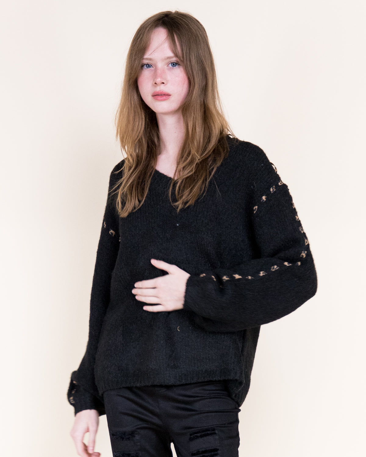 Deep V-Neck Leopard Stitch Weekend Sweater