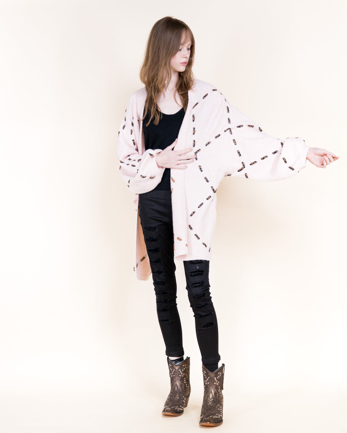 Velvety Ribbon Leopard Stitch Relaxed Cardigan