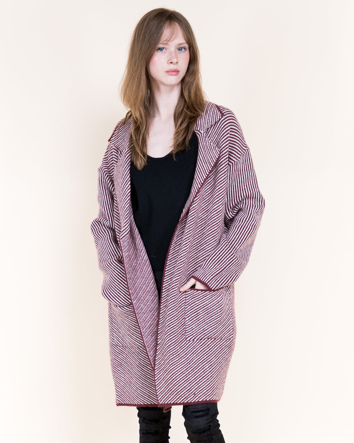Pinstripe Notch Lapel Open Coatigan