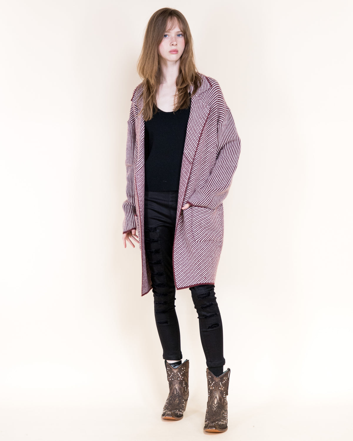 Pinstripe Notch Lapel Open Coatigan