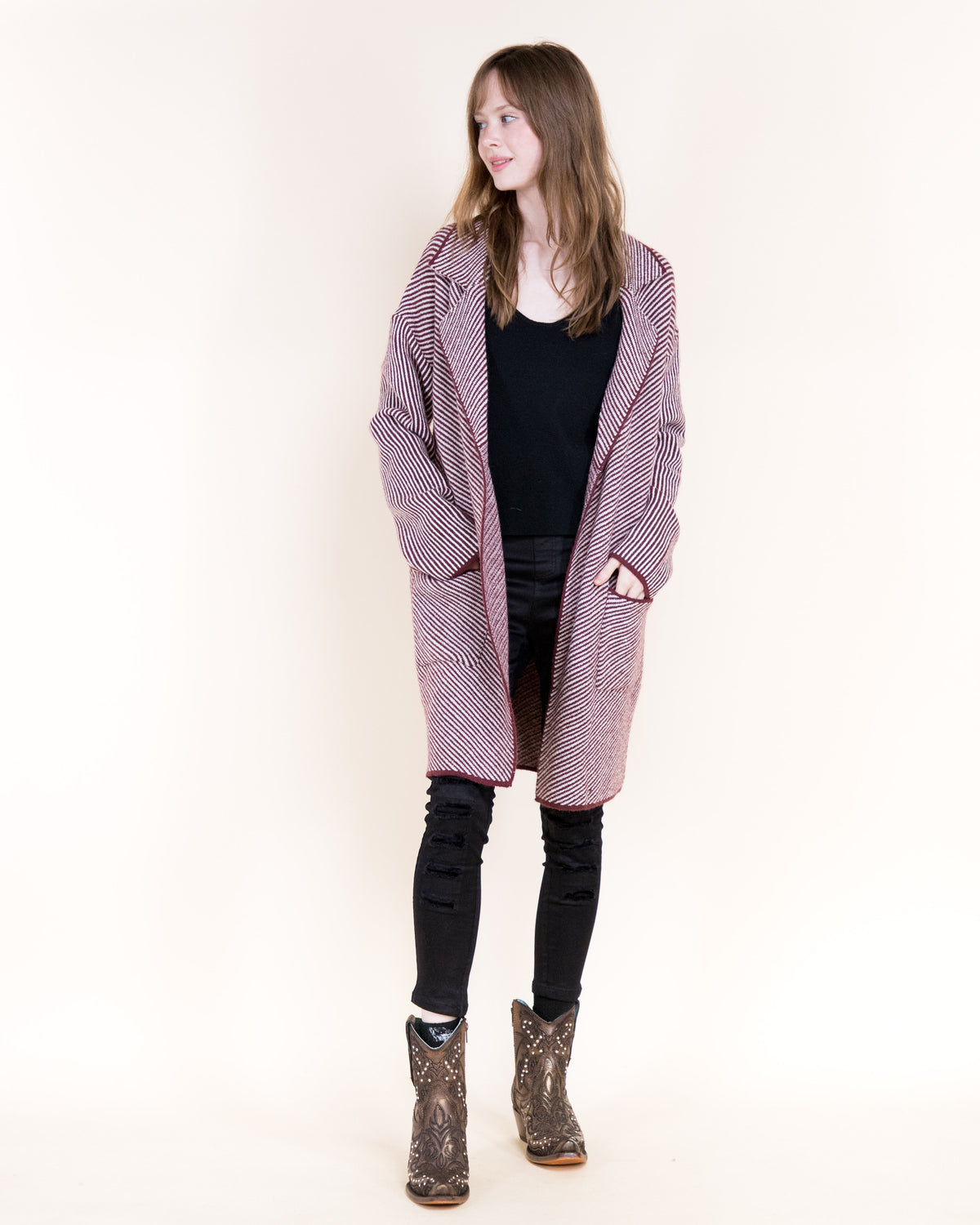 Pinstripe Notch Lapel Open Coatigan