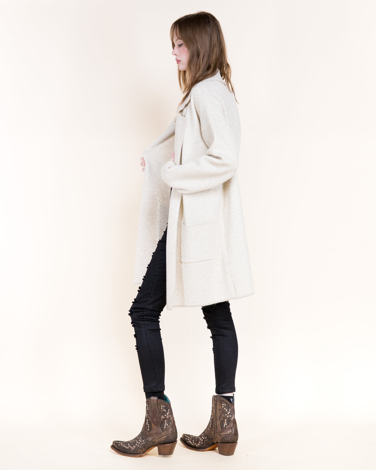 Pinstripe Notch Lapel Open Coatigan