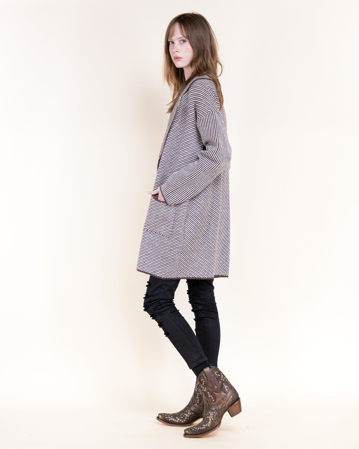 Pinstripe Notch Lapel Open Coatigan