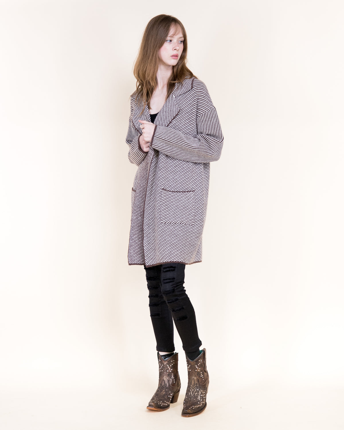 Pinstripe Notch Lapel Open Coatigan