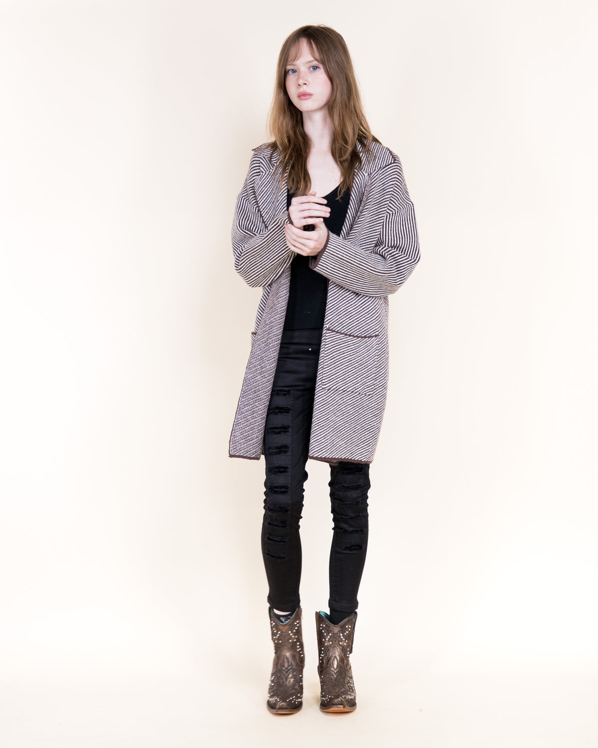 Pinstripe Notch Lapel Open Coatigan