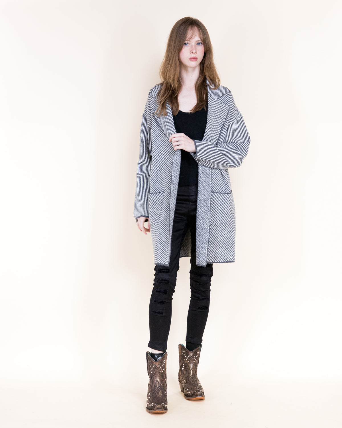 Pinstripe Notch Lapel Open Coatigan