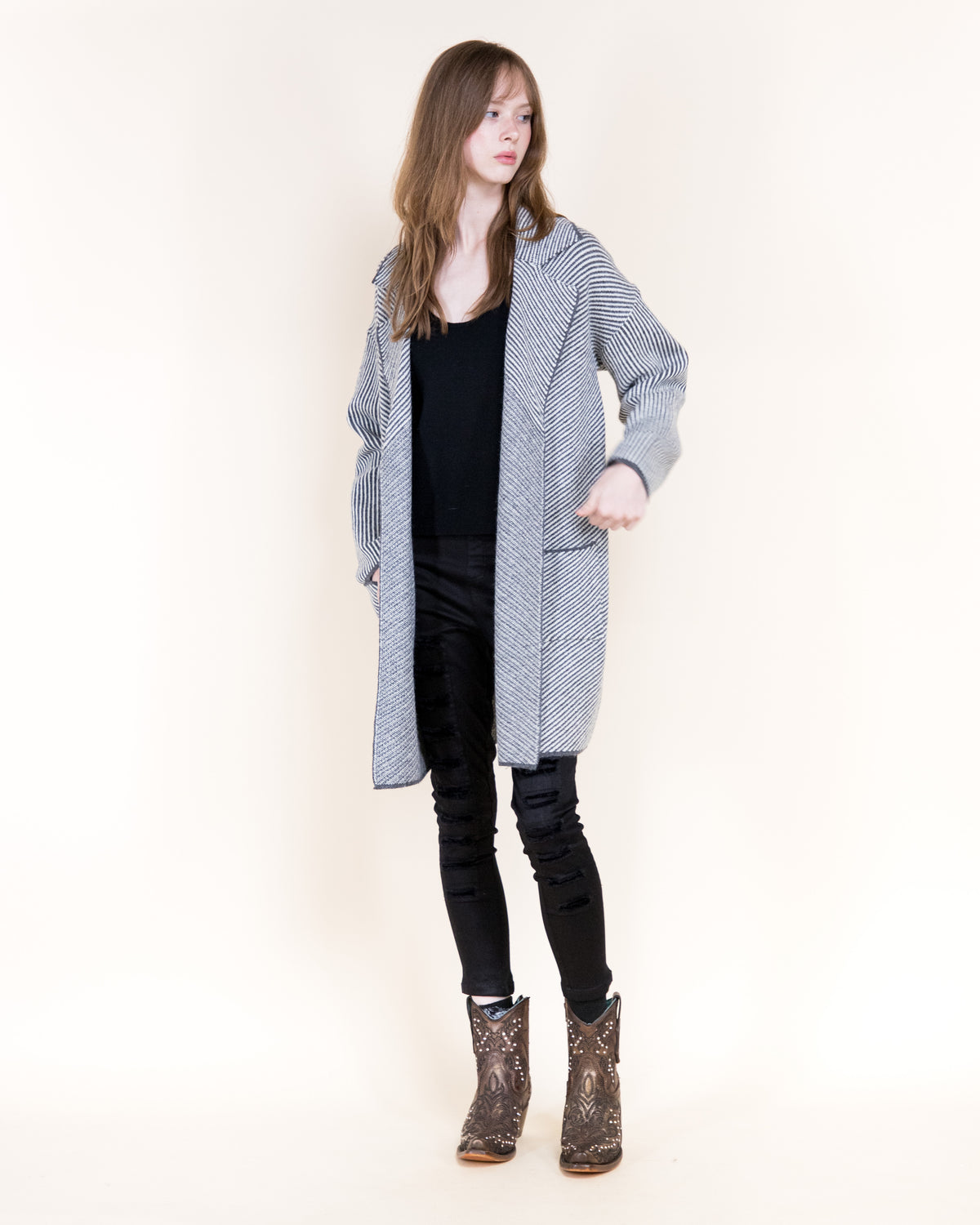 Pinstripe Notch Lapel Open Coatigan