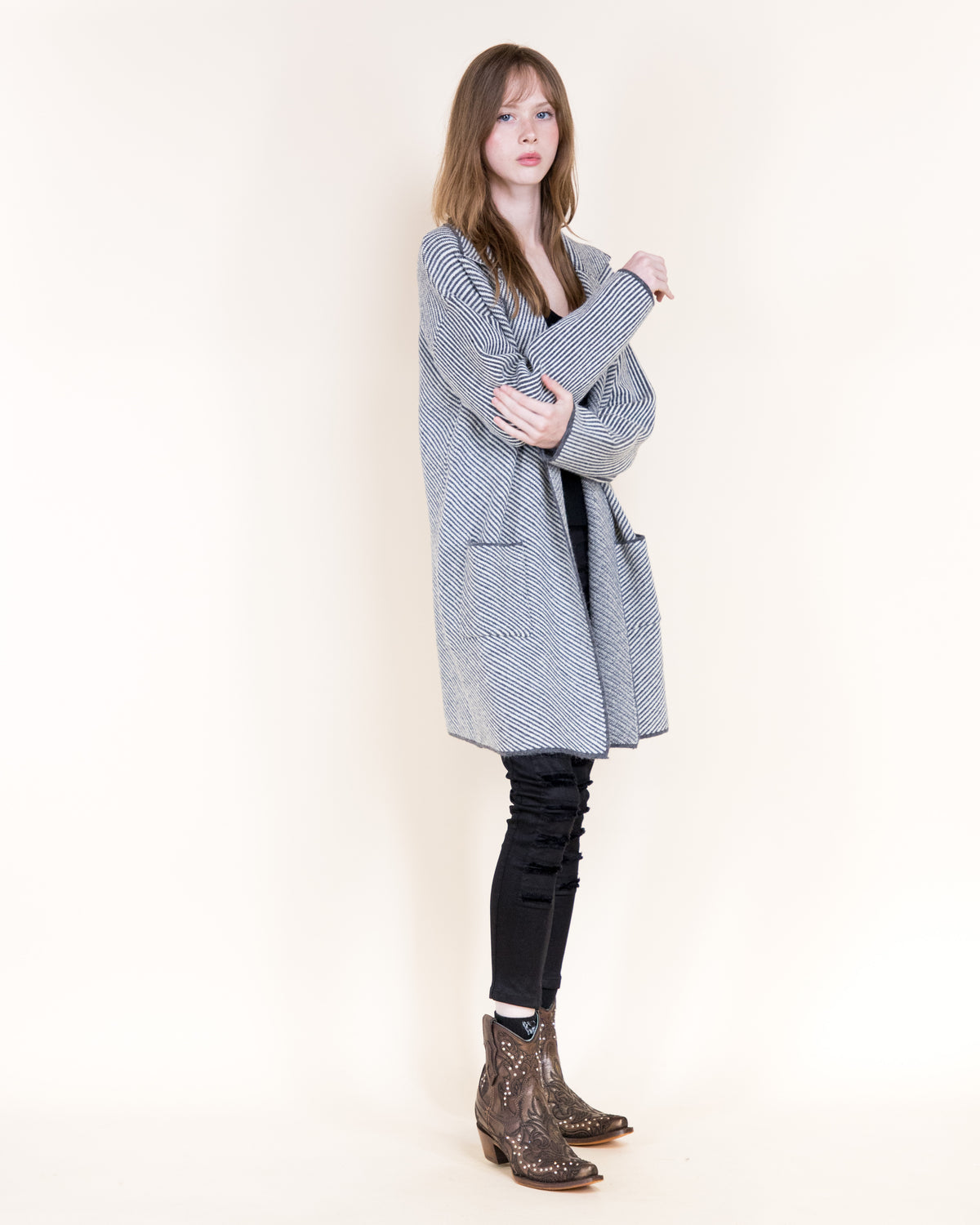 Pinstripe Notch Lapel Open Coatigan
