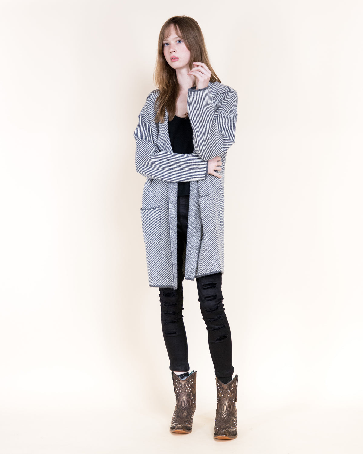 Pinstripe Notch Lapel Open Coatigan