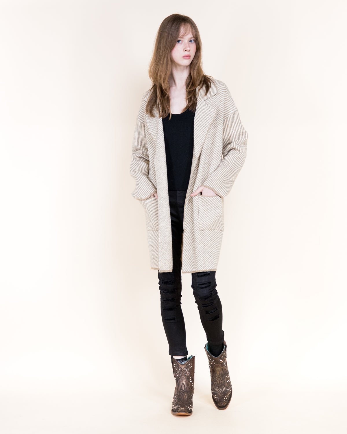 Pinstripe Notch Lapel Open Coatigan