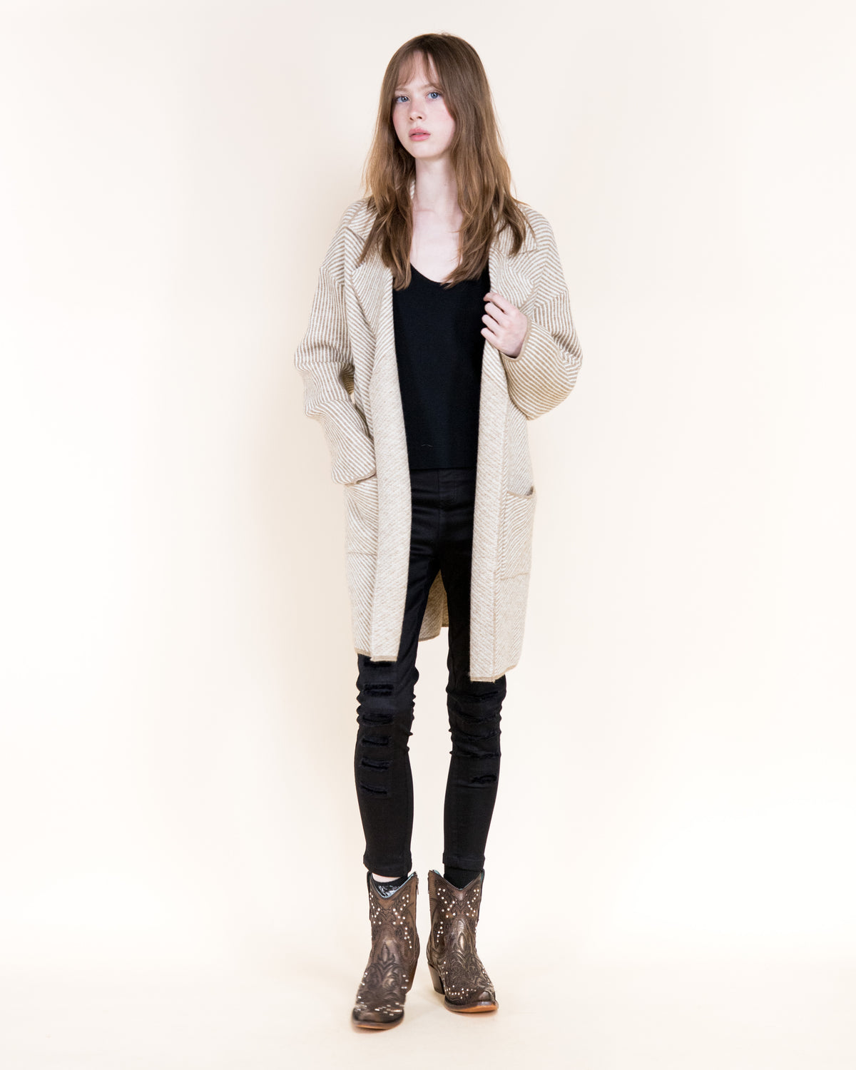 Pinstripe Notch Lapel Open Coatigan