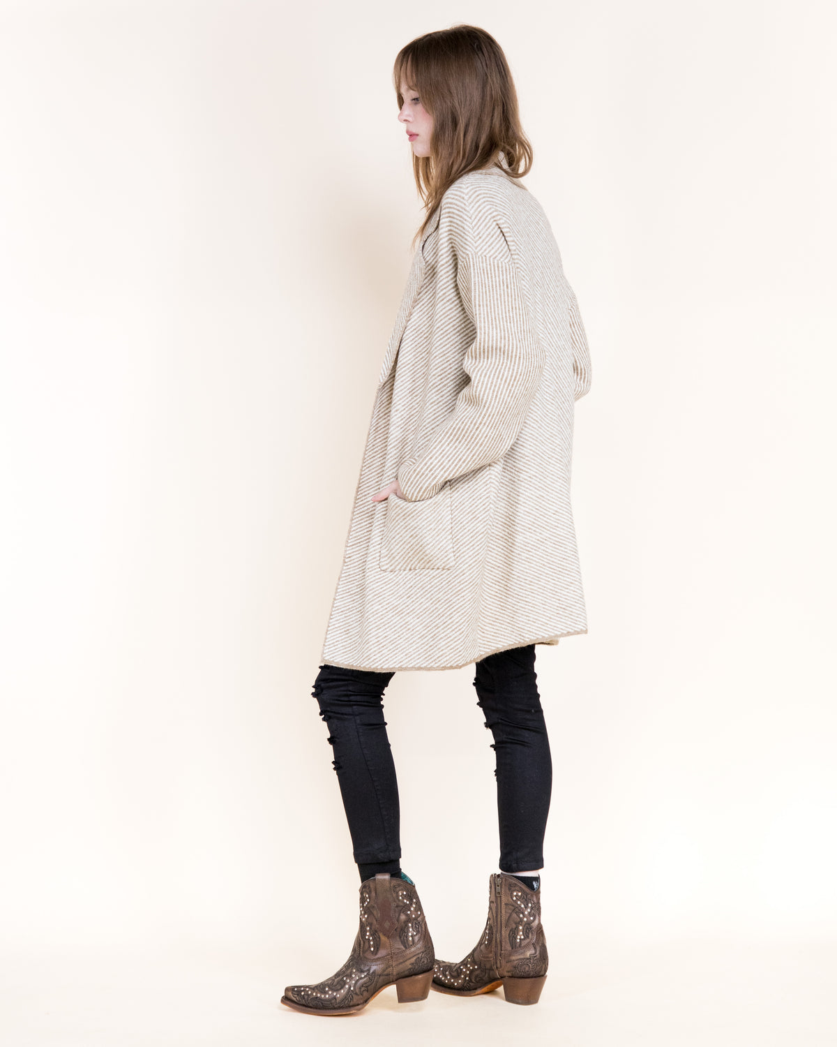Pinstripe Notch Lapel Open Coatigan