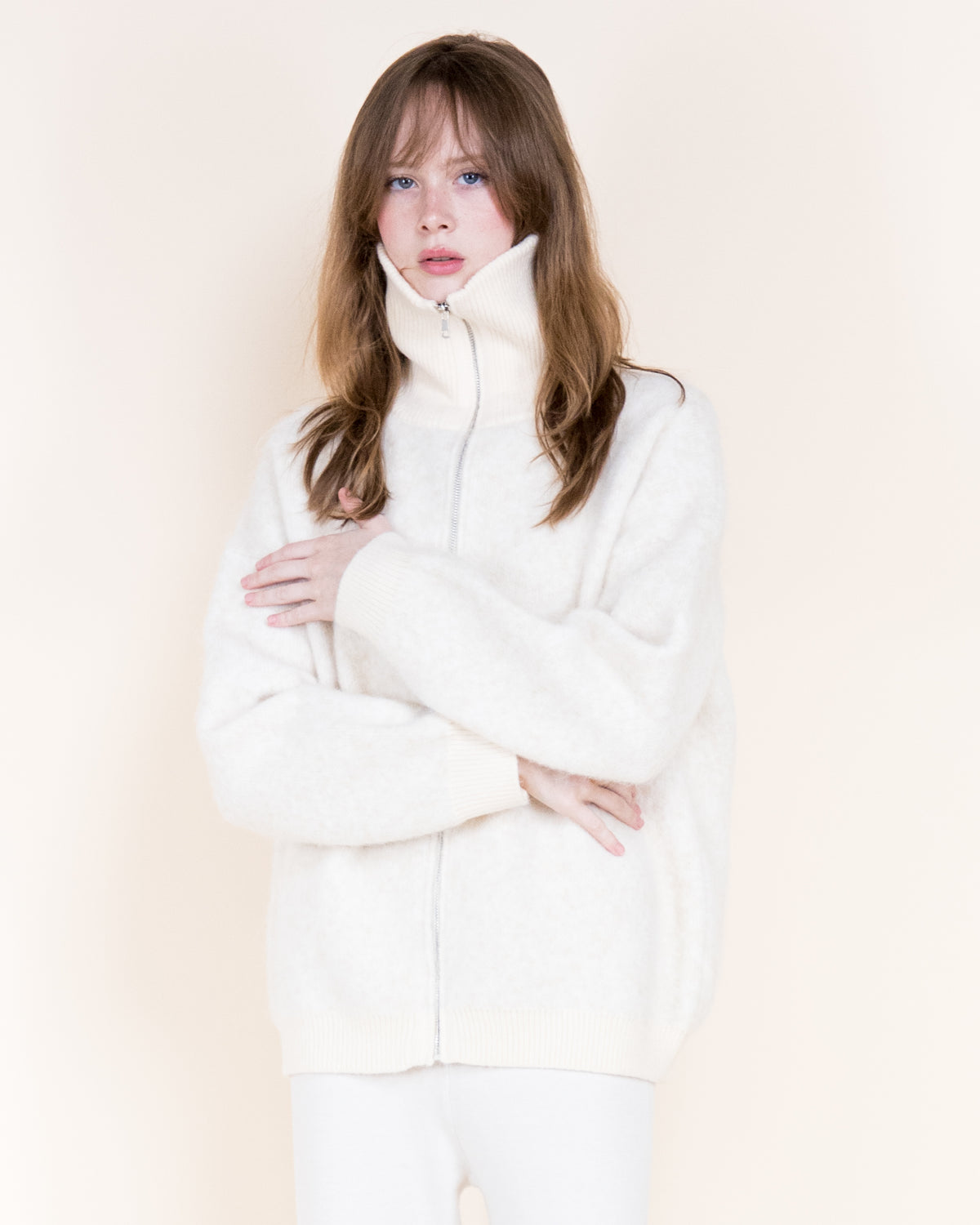 Heathered Two Tone Wool Blend Zip-Up Cardigan