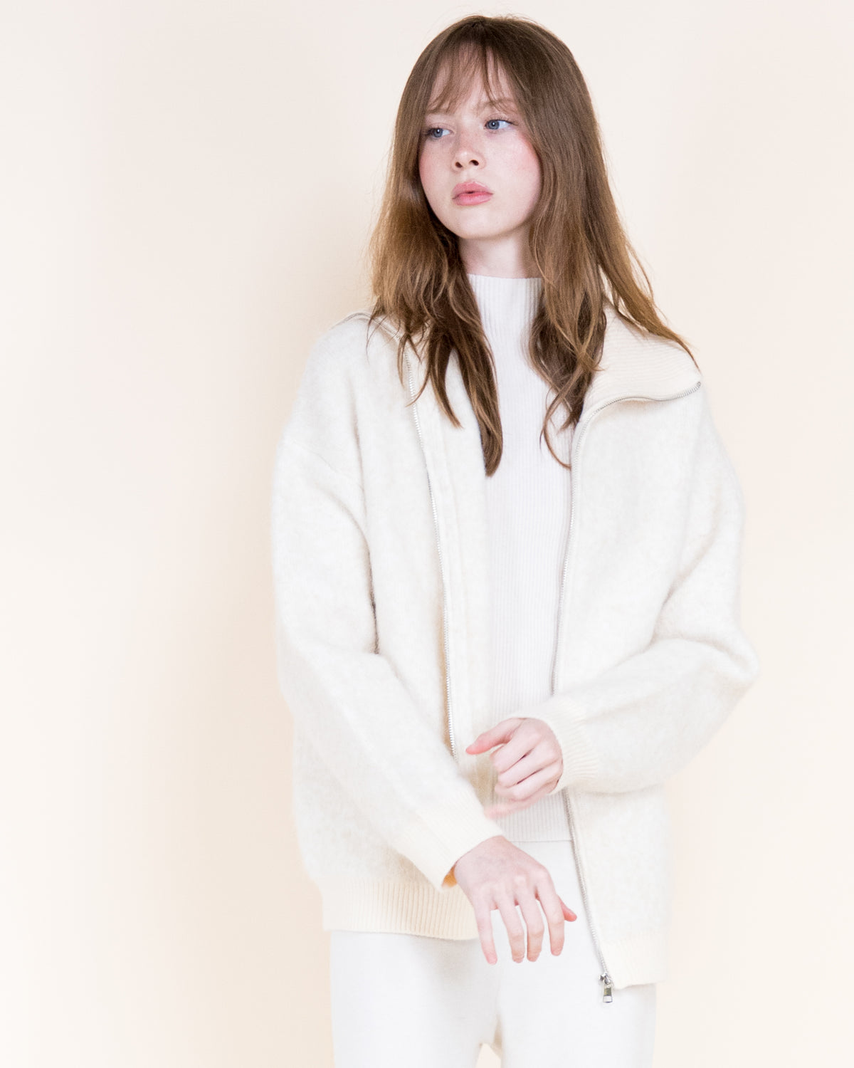 Heathered Two Tone Wool Blend Zip-Up Cardigan