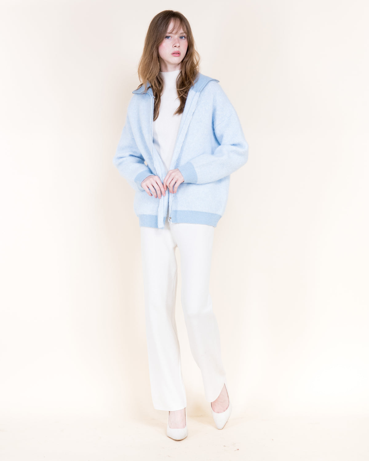 Heathered Two Tone Wool Blend Zip-Up Cardigan
