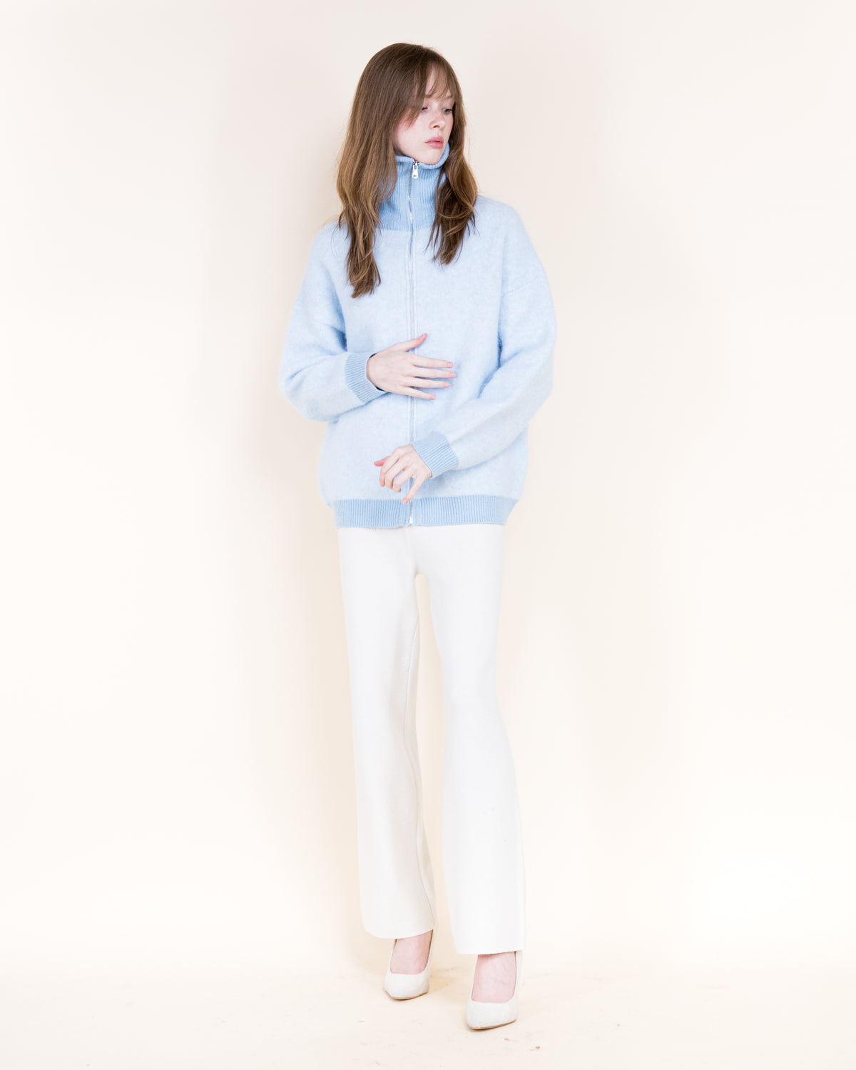 Heathered Two Tone Wool Blend Zip-Up Cardigan