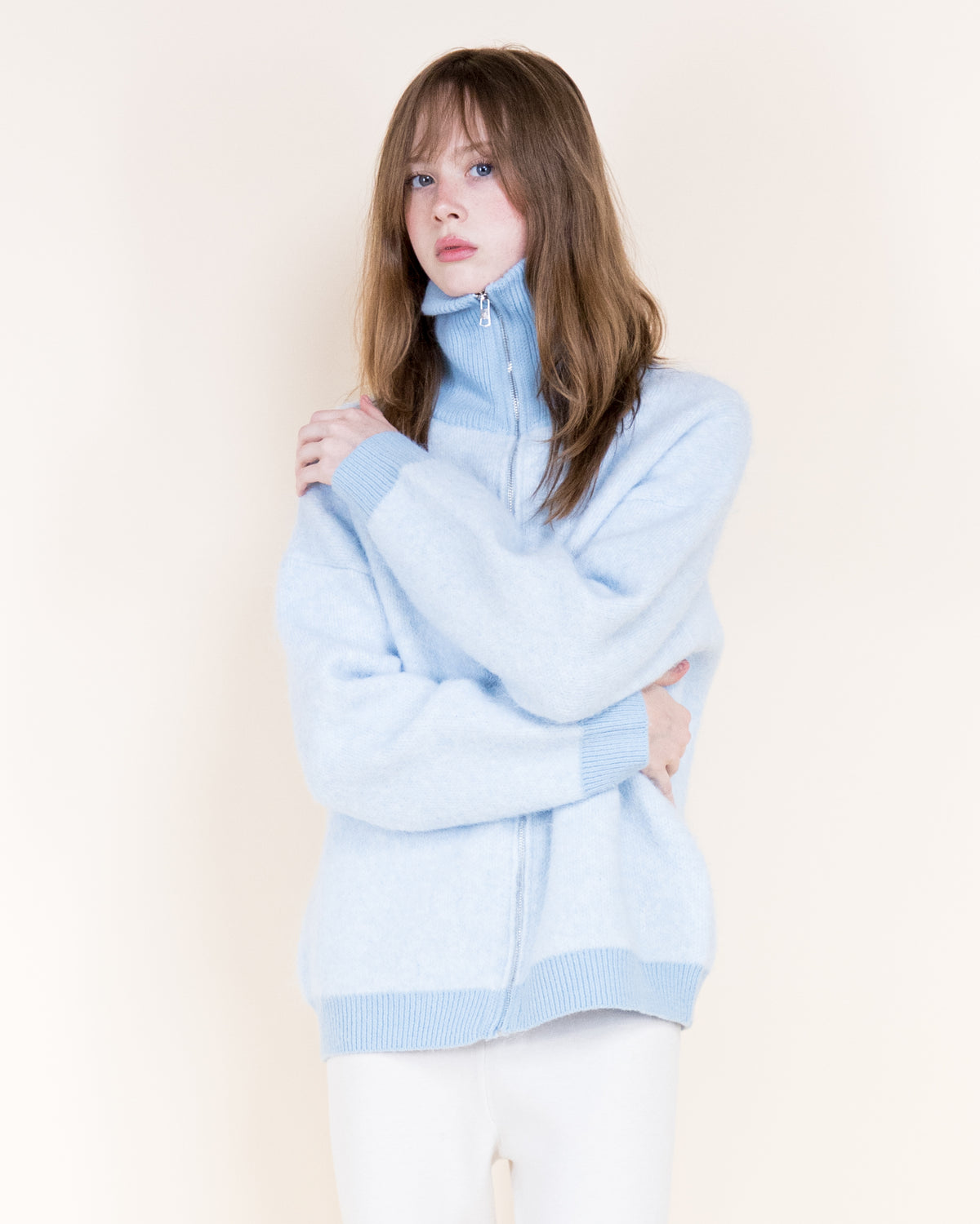 Heathered Two Tone Wool Blend Zip-Up Cardigan