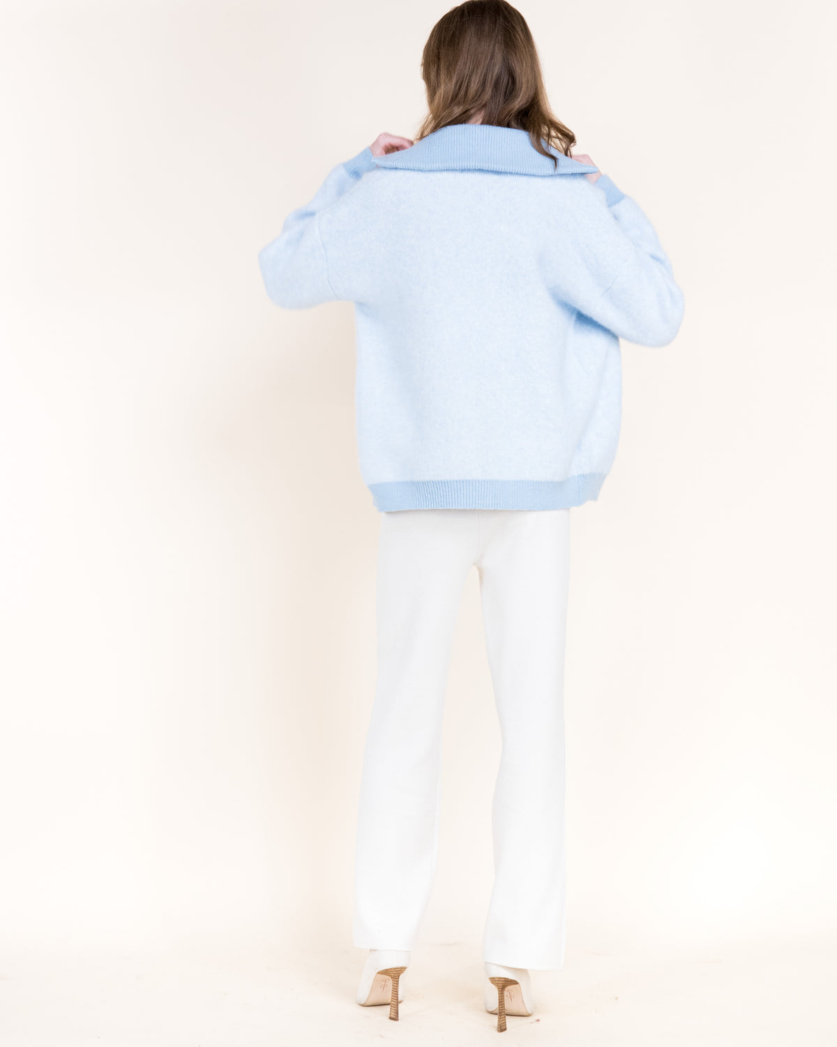 Heathered Two Tone Wool Blend Zip-Up Cardigan