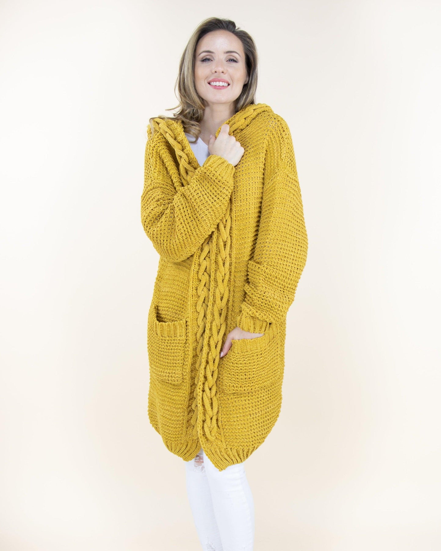 Hood & Long Sleeve Braided Trim Pocket Cardigan