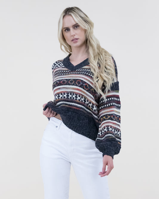 V-Neck Tribal Print Knitted Sweater