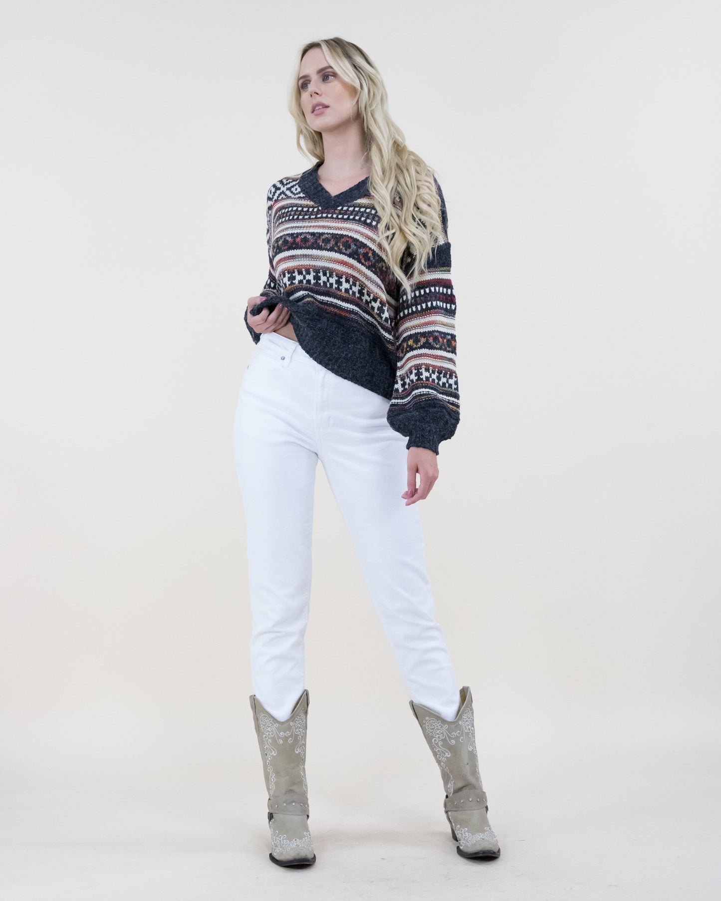V-Neck Tribal Print Knitted Sweater