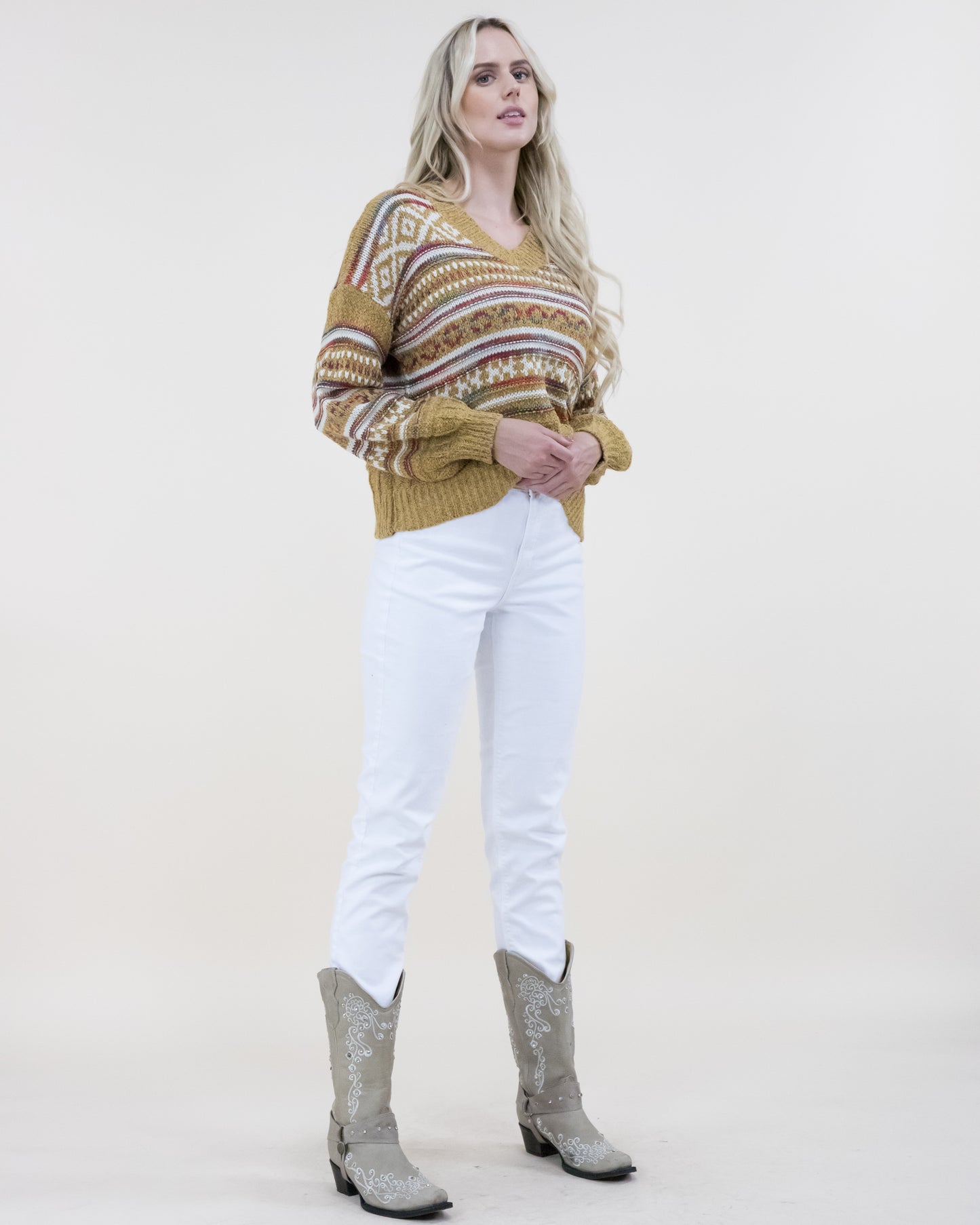 V-Neck Tribal Print Knitted Sweater