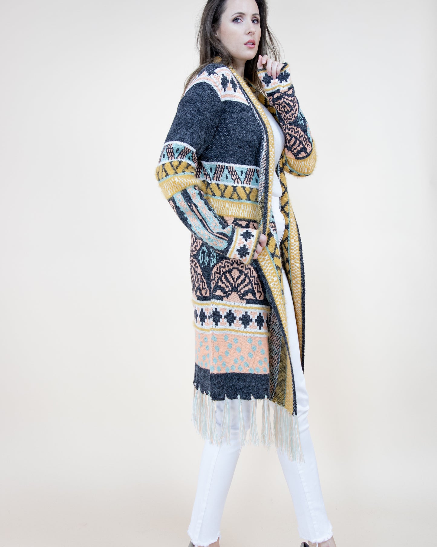 Tribal Ethnic Pattern Cardigan w/ Fringe