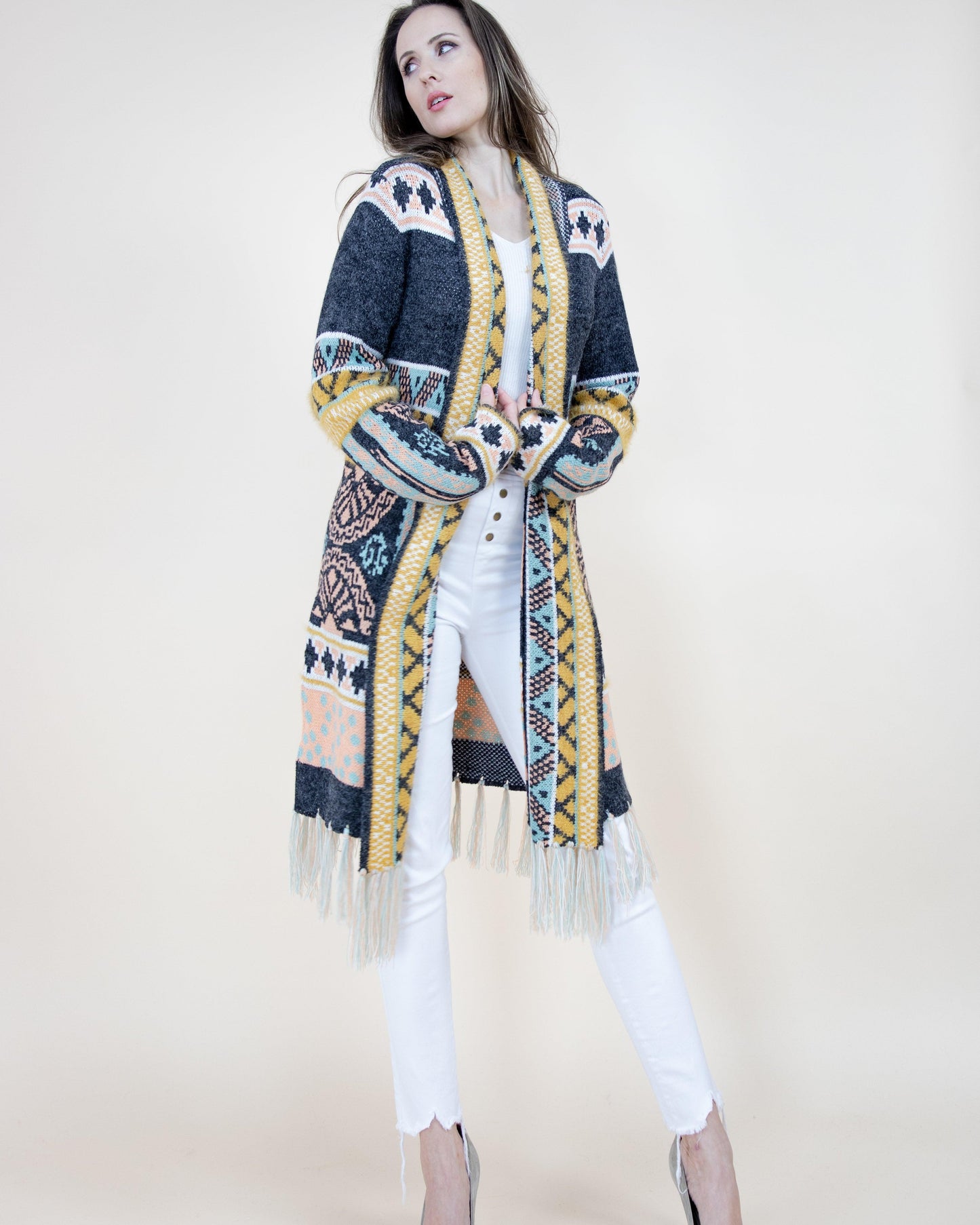 Tribal Ethnic Pattern Cardigan w/ Fringe
