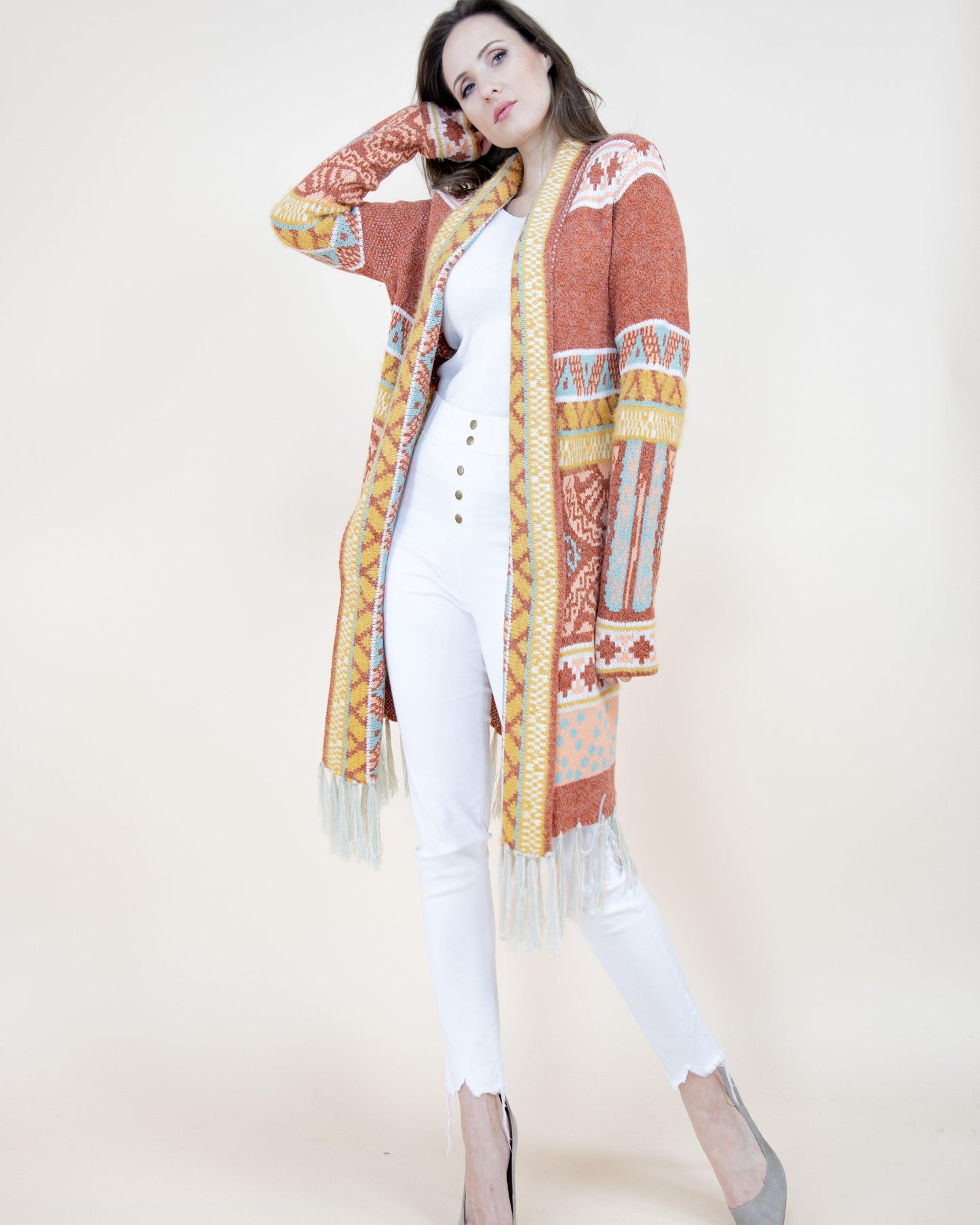 Tribal Ethnic Pattern Cardigan w/ Fringe